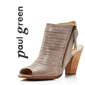 Paul Green,‎ Metallic Silver Peep Toe Heel Booties Size 8 Chunky Heel Side Zip